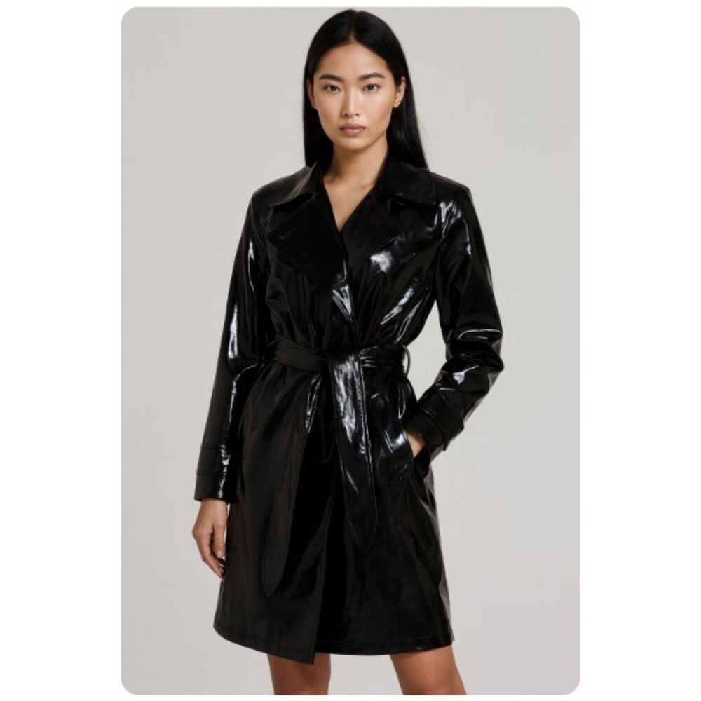 Vintage 90s WD.NY Black 100% Patent Leather Trench Coat Womens Line with Belt 8